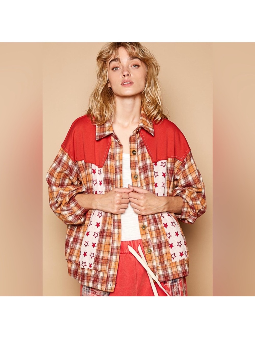 POL Patchwork Plaid Shirt Jacket in Red, Rust, and Cream